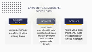 CARA MENGISI DESKRIPSI
Kinerja Asesi
untuk memahami
area kinerja yang
sedang diukur.
untuk lebih
memahami kinerja/
perilaku/kondisi apa
saja yang menjadi
indikasi suatu
layanan sudah
terjadi.
narasi yang akan
membantu Anda
mendeskripsikan
kinerja madrasah
RUMUSAN
BUTIR
INDIKATOR INSTRUKSI
 