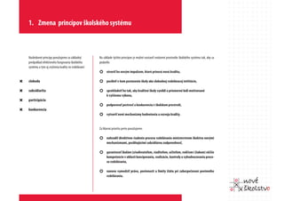 1. Zmena princípov školského systému



    Nasledovné princípy považujeme za základný         Na základe týchto princípov je možné nastaviť vnútorné prostredie školského systému tak, aby sa
    predpoklad efektívneho fungovania školského        podarilo:
    systému a tým aj zvýšenia kvality vo vzdelávaní:
                                                       ¢ otvoriť ho novým impulzom, ktoré prinesú novú kvalitu,

“   sloboda                                            ¢ posilniť v ňom postavenie školy ako slobodnej vzdelávacej inštitúcie,

“   subsidiarita                                       ¢ sprehľadniť ho tak, aby kvalitné školy vynikli a priemerné boli motivované
                                                            k vyššiemu výkonu,
“   participácia
                                                       ¢ podporovať pestrosť a konkurenciu v školskom prostredí,
“   konkurencia
                                                       ¢ vytvoriť nové mechanizmy hodnotenia a rozvoja kvality.


                                                       Za hlavnú prioritu preto považujeme:

                                                       ¢ nahradiť direktívne riadenie procesu vzdelávania ministerstvom školstva novými
                                                            mechanizmami, posilňujúcimi subsidiárnu zodpovednosť,

                                                       ¢ garantovať školám (zriaďovateľom, riaditeľom, učiteľom, rodičom i žiakom) väčšie
                                                            kompetencie v oblasti koncipovania, realizácie, kontroly a vyhodnocovania proce-
                                                            su vzdelávania,

                                                       ¢ nanovo vymedziť práva, povinnosti a limity štátu pri zabezpečovaní povinného
                                                            vzdelávania.
 