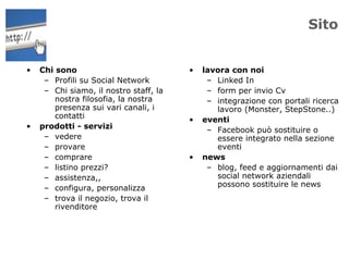 Sito


•   Chi sono                            •   lavora con noi
     – Profili su Social Network             – Linked In
     – Chi siamo, il nostro staff, la        – form per invio Cv
        nostra filosofia, la nostra          – integrazione con portali ricerca
        presenza sui vari canali, i            lavoro (Monster, StepStone..)
        contatti                        •   eventi
•   prodotti - servizi                       – Facebook può sostituire o
     – vedere                                  essere integrato nella sezione
     – provare                                 eventi
     – comprare                         •   news
     – listino prezzi?                       – blog, feed e aggiornamenti dai
     – assistenza,,                            social network aziendali
     – configura, personalizza                 possono sostituire le news
     – trova il negozio, trova il
        rivenditore
 