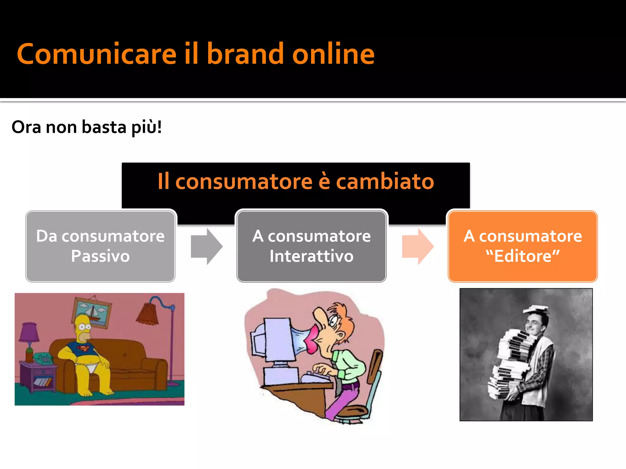 Comunicare il brand online

Ora non basta più!

                 Il consumatore è cambiato

  Da consumatore         A consumatore       A consumatore
      Passivo              Interattivo          “Editore”
 