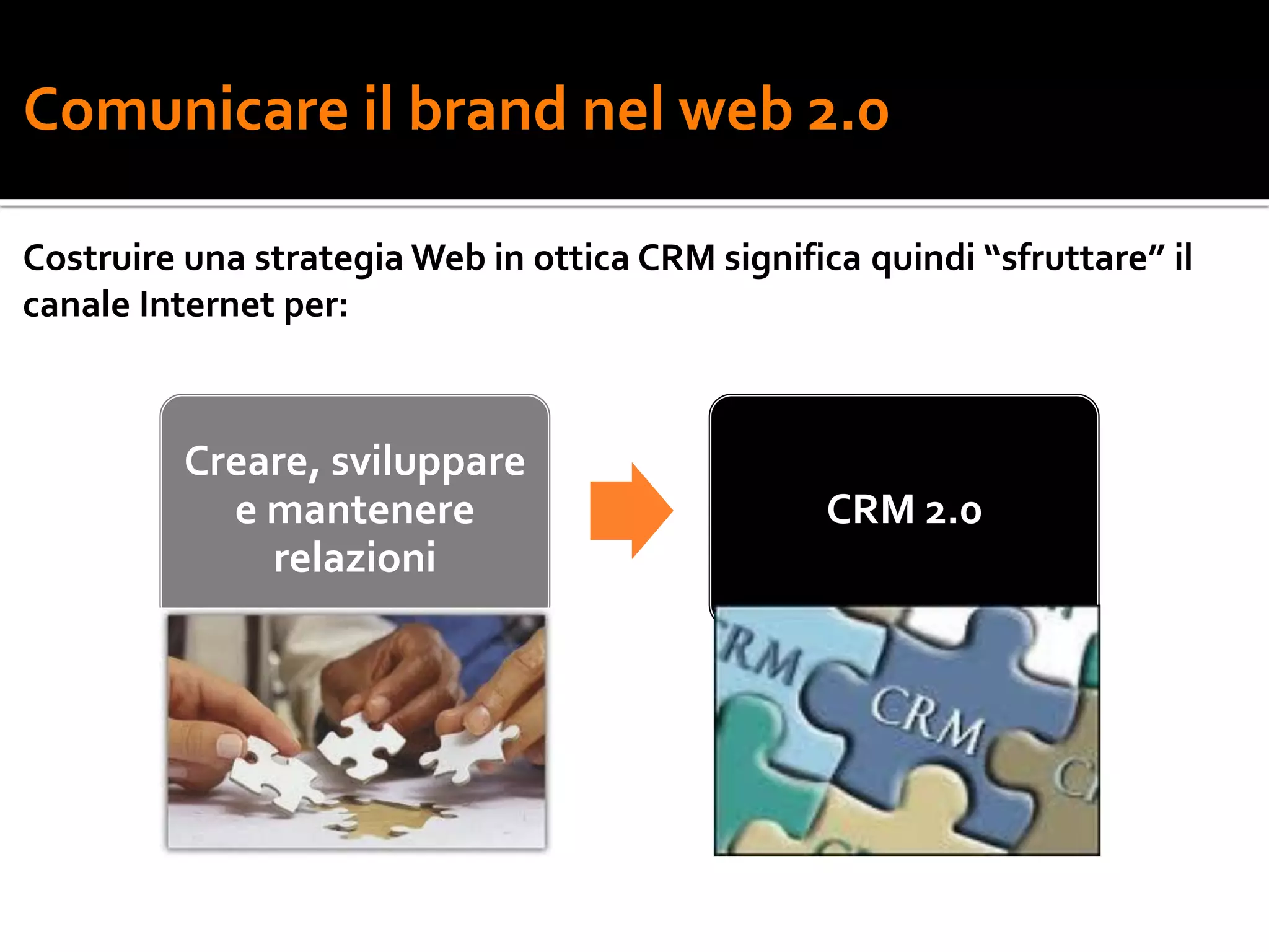 Comunicare il brand nel web 2.0

Costruire una strategia Web in ottica CRM significa quindi “sfruttare” il
canale Internet per:



          Creare, sviluppare
            e mantenere                           CRM 2.0
              relazioni
 