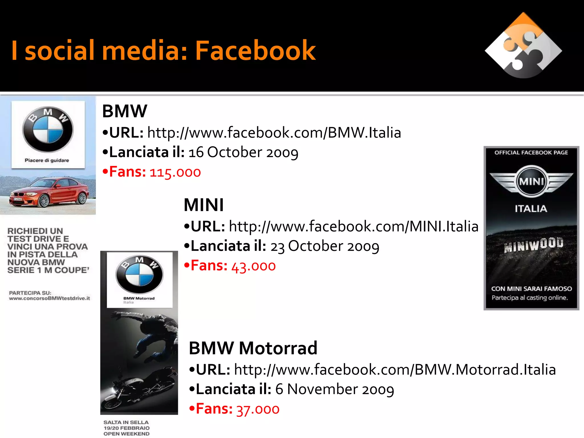 I social media: Facebook
       BMW
       •URL: http://www.facebook.com/BMW.Italia
       •Lanciata il: 16 October 2009
       •Fans: 115.000

                 MINI
                 •URL: http://www.facebook.com/MINI.Italia
                 •Lanciata il: 23 October 2009
                 •Fans: 43.000




                  BMW Motorrad
                  •URL: http://www.facebook.com/BMW.Motorrad.Italia
                  •Lanciata il: 6 November 2009
                  •Fans: 37.000
 