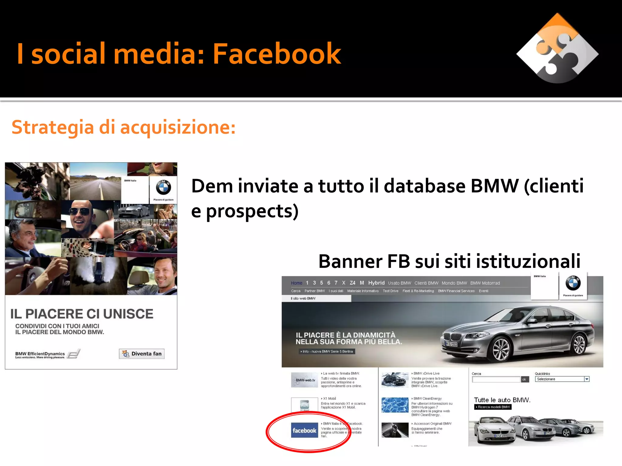 I social media: Facebook

Strategia di acquisizione:

                    Dem inviate a tutto il database BMW (clienti
                    e prospects)

                                  Banner FB sui siti istituzionali
 