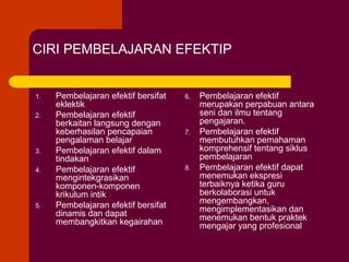CIRI PEMBELAJARAN EFEKTIP

1.
2.

3.
4.

5.

Pembelajaran efektif bersifat
eklektik
Pembelajaran efektif
berkaitan langsung dengan
keberhasilan pencapaian
pengalaman belajar
Pembelajaran efektif dalam
tindakan
Pembelajaran efektif
mengintekgrasikan
komponen-komponen
krikulum intik
Pembelajaran efektif bersifat
dinamis dan dapat
membangkitkan kegairahan

6.

7.

8.

Pembelajaran efektif
merupakan perpabuan antara
seni dan ilmu tentang
pengajaran.
Pembelajaran efektif
membutuhkan pemahaman
komprehensif tentang siklus
pembelajaran
Pembelajaran efektif dapat
menemukan ekspresi
terbaiknya ketika guru
berkolaborasi untuk
mengembangkan,
mengimplementasikan dan
menemukan bentuk praktek
mengajar yang profesional

 