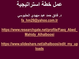 1
‫استراتيجية‬ ‫خطة‬ ‫عمل‬
‫د‬.‫الحلبوسي‬ ‫مهيدي‬ ‫عبد‬ ‫حمد‬ ‫فائق‬
fa_hm29@yahoo.com.tr
https://www.researchgate.net/profile/Faeq_Abed_
Mahidy_Alhalboosi
https://www.slideshare.net/alhalboosi/edit_my_up
loads
 