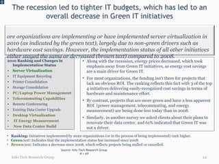 The recession led to tighter IT budgets, which has led to an overall decrease in Green IT initiatives 0 Info-Tech Research Group Source: Info-Tech Research Group N = 69 2010 Ranking and Changes in Implementation Status Server Virtualization IT Equipment Recycling Printer Consolidation Storage Consolidation PC/Laptop Power Management Telecommuting Capabilities Remote Conferencing Existing Data Center Upgrade Desktop Virtualization IT Energy Measurement New Data Center Build Along with the recession, energy prices decreased, which took emphasis away from Green IT initiatives, as energy cost savings are a main driver for Green IT. For most organizations, the funding isn’t there for projects that lack an obvious ROI. The ranking reflects this fact with 3 of the top 4 initiatives delivering easily-recognized cost savings in terms of hardware and maintenance effort. By contrast, projects that are more green and have a less apparent ROI  (power management, telecommuting, and energy measurement) are being done less today than in 2008. Similarly, in another survey we asked clients about their plans to renovate their data center, and 61% indicated that Green IT was not a driver. Ranking:  Initiatives implemented by more organizations (or in the process of being implemented) rank higher.  Green  text: Indicates that the implementation status has increased since 2008. Brown  text: Indicates a decrease since 2008, which reflects projects being stalled or cancelled. More organizations are implementing or have implemented server virtualization in 2010 (as indicated by the green text), largely due to non-green drivers such as hardware cost savings. However, the implementation status of all other initiatives either stayed the same or decreased (brown text) compared to 2008. 