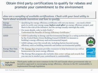 Obtain third party certifications to qualify for rebates and promote your commitment to the environment Info-Tech Research Group Third-party audits are more common in the US and Canada where governments take an incentives approach to encouraging energy efficiency, whereas in the EU sustainability is implemented through legislation. Energy Efficiency Certificates Qualifying for energy efficiency certificates will cost you money – you need a third-party to verify your energy usage  before and after  an energy efficiency project, and there is the cost of the initiative, but the savings usually outweigh the costs. For more details, refer to Info-Tech’s “ Understand the Benefits of Energy Efficiency Certificates .” LEED LEED  (Leadership in Energy and Environmental Design) is a rating system developed by the United States Green Building Council (USGBC) to measure a  building’s energy efficiency and environmental impact.  LEED ratings cover the overall site, including factors beyond energy  efficiency such as building materials and indoor environmental quality.  Energy Star Data Center Ratings The  Energy Star  program provides resources to help businesses (as well as  homeowners) be more energy efficient.  The Energy Star program also includes  data center ratings and awards  that  you can use to market your commitment to sustainability. Below are a sampling of available certifications. Check with your local utility to learn about available incentives and how to qualify.  Info-Tech Insight 