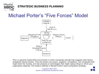 Michael Porter’s “Five Forces” Model This is a general model of the environment in which companies operate that suggests what factors strategists should monitor. They key factors are buyers, suppliers, competitors, new companies that might enter the market, and new products or technologies that might replace those on which your organization depends. The model is defined in Michael Porter's book  Competitive Strategy. 