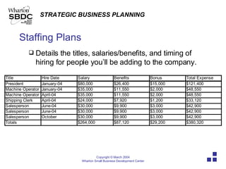 Staffing Plans Details the titles, salaries/benefits, and timing of hiring for people you’ll be adding to the company. 