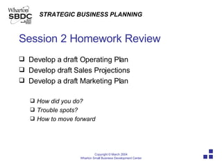 Session 2 Homework Review Develop a draft Operating Plan Develop draft Sales Projections Develop a draft Marketing Plan How did you do? Trouble spots? How to move forward 