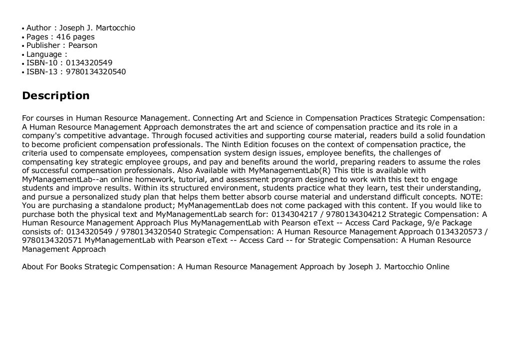 About For Books Strategic Compensation A Human Resource Management Approach By Joseph J 