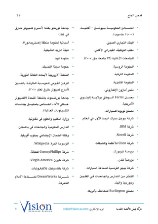 ‫52‬                                                                                                             ‫قصص النجاح‬


‫جامعة تورتنتشو بكنشدا )أسششرع كمشبيوتر خشارق‬              ‫•‬     ‫الدصشششششالح الحكوميشششششة بميوتنشششششخ – ألاتنيشششششا،‬   ‫•‬
                                           ‫في كندا(.‬                                             ‫)00041 حاسوب(.‬

       ‫أسباتنيا )حكومة منطقة إكستشريمادورا(.‬              ‫•‬                               ‫البنك التجاري الدصين.‬           ‫•‬

                            ‫هيئة البيد التشيكية.‬          ‫•‬                   ‫مكتب التوظيف الفيدرالي اللاتني.‬             ‫•‬

                                       ‫حكومة كوبا.‬        ‫•‬        ‫الجامعات اللاتنية )33 جامعة حت 7002(.‬                  ‫•‬

                           ‫حكومة مدينة الكسيك.‬            ‫•‬                                      ‫الحكومة الروسية.‬         ‫•‬

    ‫النظمة الوروبية لبحاث الطاتقة النووية.‬                ‫•‬                                       ‫الحكومة التكية.‬         ‫•‬

‫الركشششز القشششومي للحوسشششبة الخارتقشششة بالدصشششي‬       ‫•‬                                      ‫الحكومة الاليية.‬         ‫•‬

             ‫)أسع كمبيوتر خارق لعام 0102(.‬                                               ‫متجر أمازون اللكتوتني.‬           ‫•‬

‫جامعة بورتسموث بالملكة التحدة )الكمبيوتر‬                  ‫•‬     ‫معمشششششل ‪ Fermi‬الشششششوطن بوليشششششة إلينشششششوي‬         ‫•‬
‫عششششششالي الداء الخششششششاص بتحليششششششل بياتنششششششات‬                                                    ‫المريكية.‬
                            ‫التلسيكوبات العالية(.‬                                        ‫مدصنع تويوتا للسيارات.‬           ‫•‬

             ‫وزارة التعليم والعلوم في مقدوتنيا.‬           ‫•‬      ‫شكة جوجل محرك البحث الول في العالم.‬                      ‫•‬

  ‫الدارس الحكومية والجامعات في باكستان.‬                   ‫•‬                                             ‫شكة ‪.IBM‬‬          ‫•‬

     ‫وكالة الضمان الجتماعي بجنوب أفريقيا.‬                 ‫•‬                                         ‫شكة ‪.Novell‬‬           ‫•‬

                  ‫الوسوعة الحرة ‪.Wikipedia‬‬                ‫•‬                    ‫شكة ‪ Cisco‬للتنظمة والشبكات.‬                ‫•‬

               ‫شكة ‪ ConocoPhillips‬للطاتقة.‬                ‫•‬                                      ‫بورصة تنيويورك.‬          ‫•‬

               ‫شكة طيان ‪.Virgin America‬‬                   ‫•‬                                           ‫بورصة لندن.‬         ‫•‬

                ‫شكة باتناسوتنيك لللكتوتنيات.‬              ‫•‬           ‫شكة بيجو الفرتنسية لدصناعة السيارات.‬                ‫•‬

‫ششششششششركة ‪ DreamWorks‬لدصششششششناعة الفلم‬                ‫•‬     ‫الكششثي مششن الششدارس والجامعششات فششي الفلششبي‬           ‫•‬
                                            ‫التحركة.‬                                              ‫وجورجيا والهند.‬

                                                                       ‫مدصنع ‪ Burlington‬للمعاطف بأمريكا.‬                  ‫•‬




                                                 ‫البريد الإللكتروني ‪Info@Vision-as.com‬‬               ‫كة فيجن للأنظمة المتقدمة‬‫شر‬
‫»‬
 