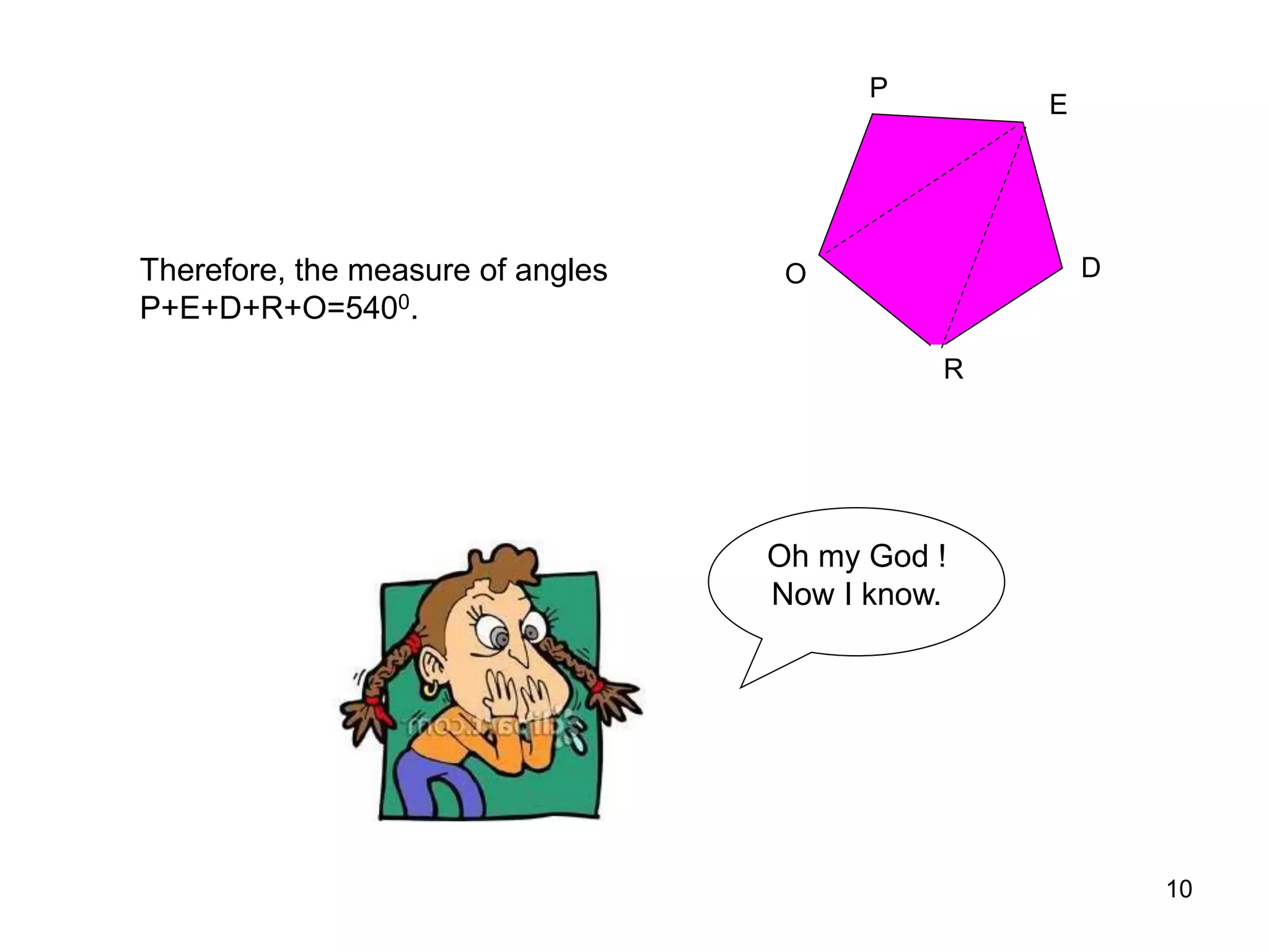 10
P
D
R
E
O
Therefore, the measure of angles
P+E+D+R+O=5400.
Oh my God !
Now I know.
 
