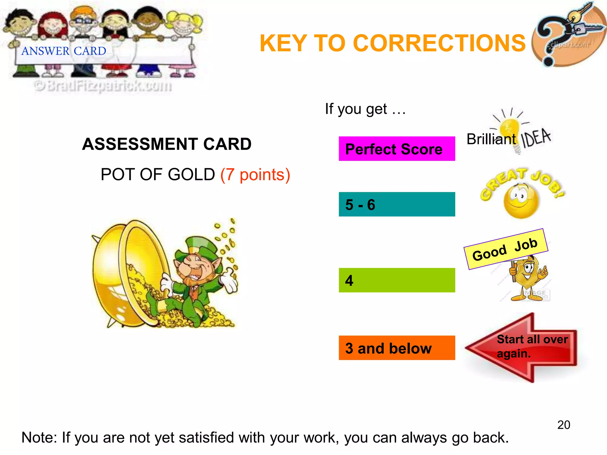 20
ASSESSMENT CARD
POT OF GOLD (7 points)
KEY TO CORRECTIONS
ANSWER CARD
Start all over
again.
If you get …
Note: If you are not yet satisfied with your work, you can always go back.
Brilliant
Perfect Score
5 - 6
4
3 and below
 