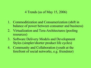 4 Trends (as of May 15, 2006) Commoditization and Consumerization (shift in balance of power between consumer and business)  Virtualization and Tera-Architectures (pooling resources) Software Delivery Models and Development Styles (simpler/shorter product life cycles) Community and Collaboration (youth at the forefront of social networks, e.g. friendster)  