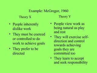 Example: McGregor, 1960 People view work as being natural as play and rest They will exercise self-direction and control towards achieving goals they are committed too They learn to accept and seek responsibility Theory X Theory Y People inherently dislike work They must be coerced or controlled to do work to achieve goals They prefer to be directed 