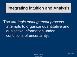 Fred R. David
Prentice Hall
Ch. 1-12
Integrating Intuition and Analysis
The strategic management process
attempts to organize quantitative and
qualitative information under
conditions of uncertainty.
 