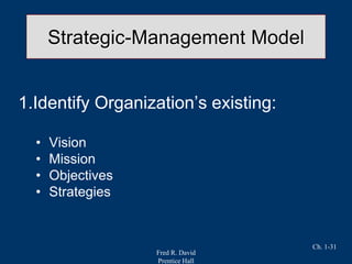 Fred R. David
Prentice Hall
Ch. 1-31
Strategic-Management Model
1.Identify Organization’s existing:
• Vision
• Mission
• Objectives
• Strategies
 