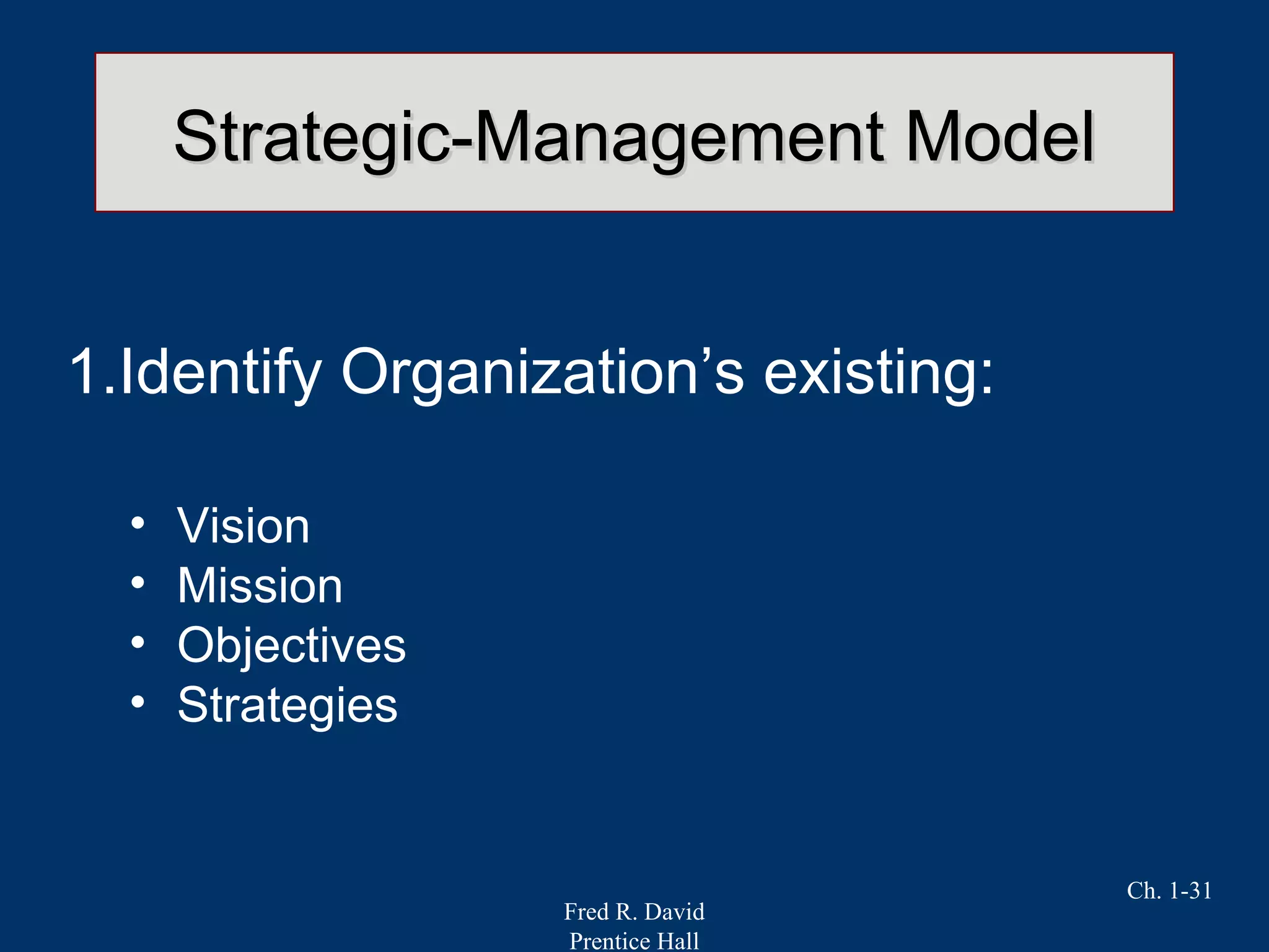 Fred R. David
Prentice Hall
Ch. 1-31
Strategic-Management ModelStrategic-Management Model
1.Identify Organization’s existing:
• Vision
• Mission
• Objectives
• Strategies
 