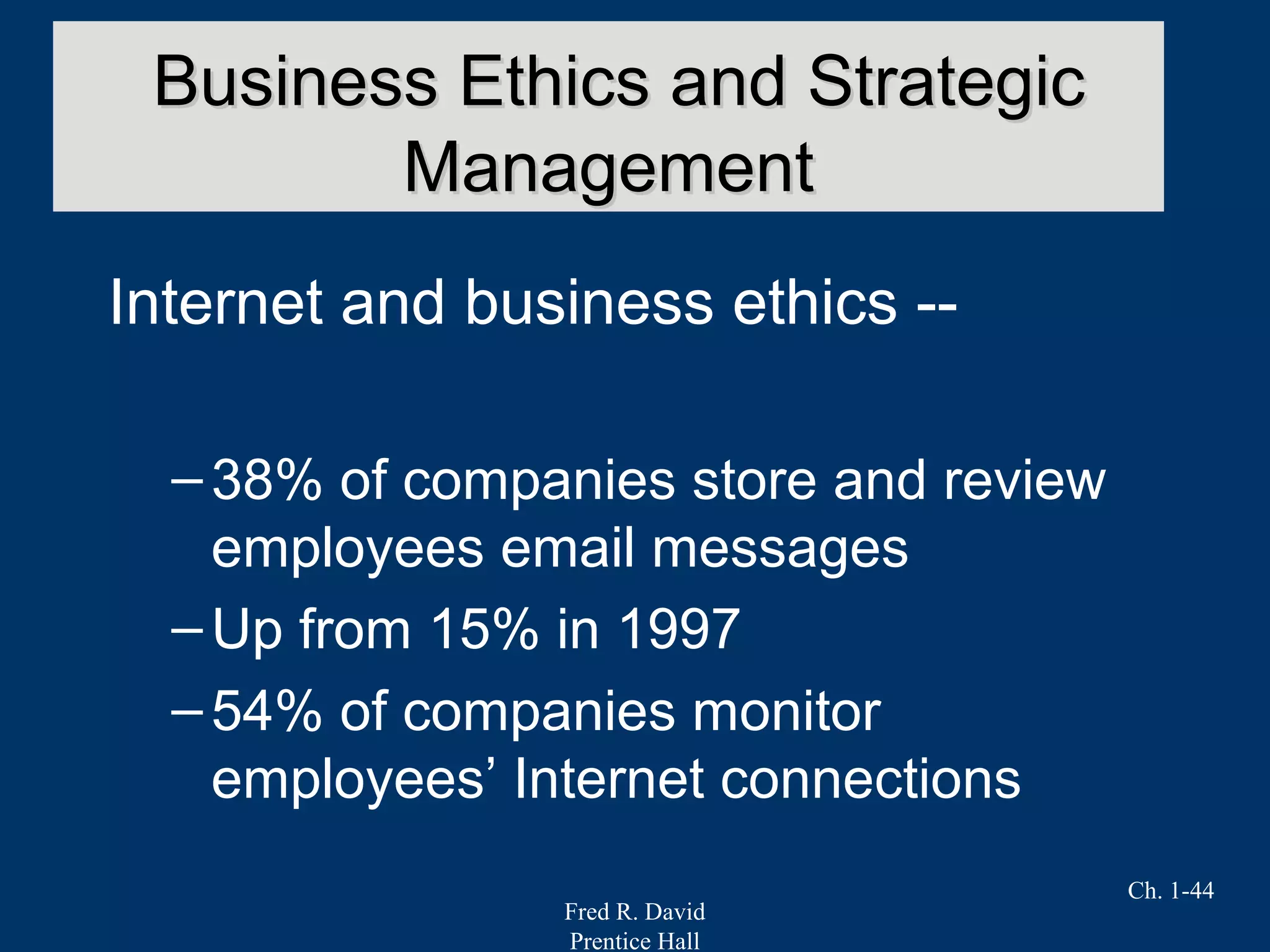 Fred R. David
Prentice Hall
Ch. 1-44
Internet and business ethics --
–38% of companies store and review
employees email messages
–Up from 15% in 1997
–54% of companies monitor
employees’ Internet connections
Business Ethics and StrategicBusiness Ethics and Strategic
ManagementManagement
 