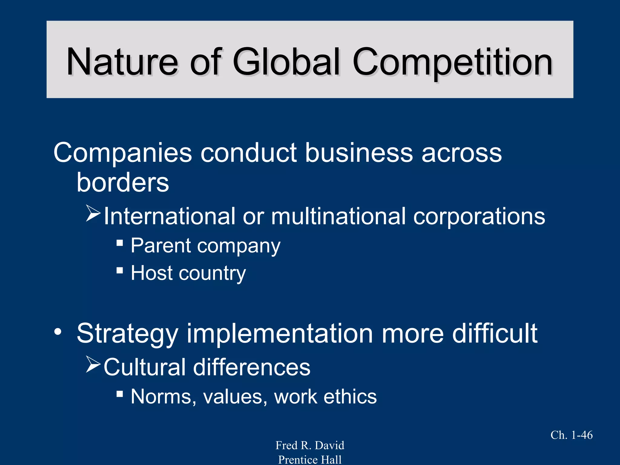 Fred R. David
Prentice Hall
Ch. 1-46
Nature of Global CompetitionNature of Global Competition
Companies conduct business across
borders
International or multinational corporations
 Parent company
 Host country
• Strategy implementation more difficult
Cultural differences
 Norms, values, work ethics
 