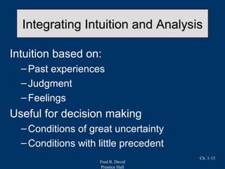Fred R. David
Prentice Hall
Ch. 1-13
Integrating Intuition and AnalysisIntegrating Intuition and Analysis
Intuition based on:
–Past experiences
–Judgment
–Feelings
Useful for decision making
–Conditions of great uncertainty
–Conditions with little precedent
 