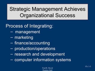 Fred R. David
Prentice Hall
Ch. 1-3
Strategic Management AchievesStrategic Management Achieves
Organizational SuccessOrganizational Success
Process of Integrating:
– management
– marketing
– finance/accounting
– production/operations
– research and development
– computer information systems
 
