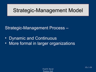 Fred R. David
Prentice Hall
Ch. 1-30
Strategic-Management ModelStrategic-Management Model
Strategic-Management Process –
• Dynamic and Continuous
• More formal in larger organizations
 