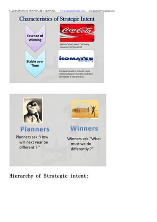 GAUTAM SINGH, HOSPITALITY TRAINER, www.educatererindia.com , info.gautam94@gmail.com
Hierarchy of Strategic intent:
 