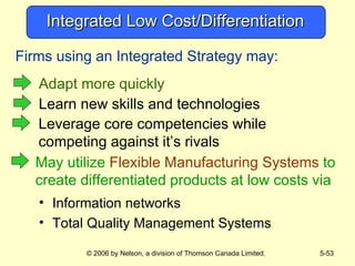 Integrated Low Cost/Differentiation Firms using an Integrated Strategy may: Information networks Total Quality Management Systems Adapt more quickly Learn new skills and technologies May utilize  Flexible Manufacturing Systems  to create differentiated products at low costs via Leverage core competencies while competing against it’s rivals 