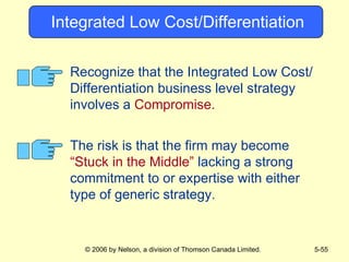 Integrated Low Cost/Differentiation Recognize that the Integrated Low Cost/ Differentiation business level strategy involves a   Compromise. The risk is that the firm may become   “Stuck in the Middle”   lacking a strong commitment to or expertise with either type of generic strategy. 