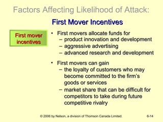 Factors Affecting Likelihood of Attack: First movers allocate funds for product innovation and development aggressive advertising advanced research and development First Mover Incentives First movers can gain  the loyalty of customers who may become committed to the firm’s goods or services market share that can be difficult for competitors to take during future competitive rivalry First mover incentives 