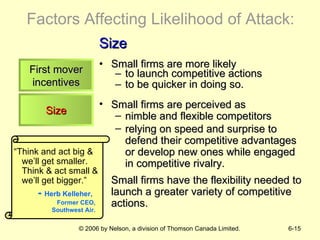 Small firms are more likely to launch competitive actions  to be quicker in doing so. Factors Affecting Likelihood of Attack: Size Small firms are perceived as nimble and flexible competitors  relying on speed and surprise to defend their competitive advantages or develop new ones while engaged in competitive rivalry. Small firms have the flexibility needed to launch a greater variety of competitive actions. First mover incentives Size “ Think and act big & we’ll get smaller.  Think & act small & we’ll get bigger.” -  Herb Kelleher, Former CEO, Southwest Air. 