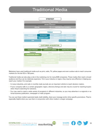 Traditional Media




Marketers have used traditional media such as print, radio, TV, yellow pages and even outdoor ads to reach consumer
markets for the last 50 to 100 years.

Traditional media can also play a role in the marketing mix for many B2B companies. These media often reach a broad
audience and thus can be relatively expensive. Yet in your industry or region, they may be very effective in helping you
reach your market. For example:

›› In many industries, print ads in monthly trade journals are an important vehicle to reach decision makers.
›› If your company sells to a certain geographic region, directory listings and ads may be crucial for reaching buyers
  when they’re searching for solutions.
›› You may need to reach a wide variety of prospects in different industries, so you may advertise in a regional or na-
  tional business publication, newspaper or radio program.

You can use these media to generate leads, build visibility, share your message and/or drive specific promotions. They’re
especially helpful when you use them in conjunction with other media in a larger campaign.




Download hundreds of plans for these                                           Share                                   59
marketing activities at www.MarketingMO.com.                                   this ebook:
 