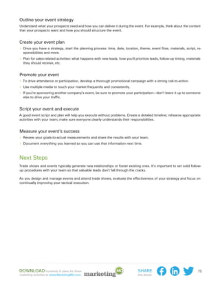 Outline your event strategy
Understand what your prospects need and how you can deliver it during the event. For example, think about the content
that your prospects want and how you should structure the event.


Create your event plan
›› Once you have a strategy, start the planning process: time, date, location, theme, event flow, materials, script, re-
  sponsibilities and more.
›› Plan for sales-related activities: what happens with new leads, how you’ll prioritize leads, follow-up timing, materials
  they should receive, etc.


Promote your event
›› To drive attendance or participation, develop a thorough promotional campaign with a strong call-to-action.
›› Use multiple media to touch your market frequently and consistently.
›› If you’re sponsoring another company’s event, be sure to promote your participation—don’t leave it up to someone
  else to drive your traffic.


Script your event and execute
A good event script and plan will help you execute without problems. Create a detailed timeline; rehearse appropriate
activities with your team; make sure everyone clearly understands their responsibilities.


Measure your event’s success
›› Review your goals-to-actual measurements and share the results with your team.
›› Document everything you learned so you can use that information next time.


Next Steps
Trade shows and events typically generate new relationships or foster existing ones. It’s important to set solid follow-
up procedures with your team so that valuable leads don’t fall through the cracks.

As you design and manage events and attend trade shows, evaluate the effectiveness of your strategy and focus on
continually improving your tactical execution.




Download hundreds of plans for these                                            Share                                    73
marketing activities at www.MarketingMO.com.                                    this ebook:
 