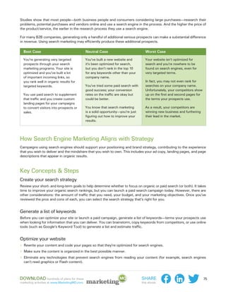 Studies show that most people—both business people and consumers considering large purchases—research their
problems, potential purchases and vendors online and use a search engine in the process. And the higher the price of
the product/service, the earlier in the research process they use a search engine.

For many B2B companies, generating only a handful of additional serious prospects can make a substantial difference
in revenue. Using search marketing may efficiently produce these additional prospects.

  Best Case                                    Neutral Case                           Worst Case

  You’re generating very targeted              You’ve built a new website and         Your website isn’t optimized for
  prospects through your search                it’s been optimized for search,        search and you’re nowhere to be
  marketing programs. Your site is             but you don’t rank in the top 10       found on search engines, even for
  optimized and you’ve built a lot             for any keywords other than your       very targeted terms.
  of important incoming links, so              company name.
  you rank well in organic results for                                                In fact, you may not even rank for
  targeted keywords.                           You’ve tried some paid search with     searches on your company name.
                                               good success; your conversion          Unfortunately, your competitors show
  You use paid search to supplement            rates on the traffic are okay but      up on the first and second pages for
  that traffic and you create custom           could be better.                       the terms your prospects use.
  landing pages for your campaigns
  to convert visitors into prospects or        You know that search marketing         As a result, your competitors are
  sales.                                       is a solid opportunity—you’re just     winning new business and furthering
                                               figuring out how to improve your       their lead in the market.
                                               results.




How Search Engine Marketing Aligns with Strategy
Campaigns using search engines should support your positioning and brand strategy, contributing to the experience
that you wish to deliver and the mindshare that you wish to own. This includes your ad copy, landing pages, and page
descriptions that appear in organic results.



Key Concepts & Steps
Create your search strategy
Review your short- and long-term goals to help determine whether to focus on organic or paid search (or both). It takes
time to improve your organic search rankings, but you can launch a paid search campaign today. However, there are
other considerations: the amount of traffic that you need, your budget, and your marketing objectives. Once you’ve
reviewed the pros and cons of each, you can select the search strategy that’s right for you.


Generate a list of keywords
Before you can optimize your site or launch a paid campaign, generate a list of keywords—terms your prospects use
when looking for information that you can deliver. You can brainstorm, copy keywords from competitors, or use online
tools (such as Google’s Keyword Tool) to generate a list and estimate traffic.


Optimize your website
›› Rewrite your content and code your pages so that they’re optimized for search engines.
›› Make sure the content is organized in the best possible manner.
›› Eliminate any technologies that prevent search engines from reading your content (for example, search engines
  can’t read graphics or Flash content).



Download hundreds of plans for these                                                Share                                    75
marketing activities at www.MarketingMO.com.                                        this ebook:
 