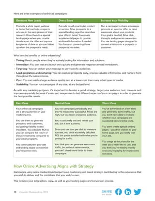 Here are three examples of online ad campaigns:

  Generate New Leads                        Direct Sales                              Increase Your Visibility

  Promote a white paper, webinar            Run ads to sell a particular product      Run a campaign to share a message,
  or demo that can help prospects           or service. Drive prospects to a          promote an event or offer, or raise
  who are in the early phases of their      special landing page that describes       awareness about your products.
  research. Drive them to a special         your offer in detail. You create          Your goal is twofold: Drive click-
  landing page where you provide            supplemental pages to provide             throughs and generate awareness.
  details about the offer and capture       additional information if needed.         You use landing pages designed to
  key pieces of data so you can follow      You focus on converting those             convert a visitor into a prospect or
  up when the prospect is ready.            prospects into sales.                     customer.


What are the benefits of online advertising?

›› Timing: Reach people when they’re actively looking for information and solutions.
›› Immediacy: You can test and launch very quickly and generate response almost immediately.
›› Targeting: You can deliver your message to very specific audiences.
›› Lead generation and nurturing: You can capture prospects early, provide valuable information, and nurture them
     throughout the sales process.
›› Cost: You can reach a large audience quickly and at a lower cost than many other types of media.
›› Scalability: You can run campaigns of any size, at any budget level.
As with any marketing program, it’s important to develop a good strategy, target your audience, test, measure and
improve—especially because it’s easy and inexpensive to test different aspects of your campaigns in order to generate
the best possible results.

  Best Case                              Neutral Case                                  Worst Case

  Your online ad campaigns               You run campaigns periodically and            You’ve advertised on a few sites
  are a strong element in your           they’re moderately successful. Prices are     and generated some traffic, but
  marketing mix.                         high, but you reach a targeted audience.      you don’t have data to indicate
                                                                                       whether your campaigns are
  You use them to generate               You occasionally test and tweak your          successful beyond initial visits.
  prospects and customers,               ads, but it isn’t a priority.
  but gaining visibility is also                                                       You don’t create special landing
  important. You calculate ROI so        Since you use cost per click to measure       pages—you drive visitors to your
  you can compare the return of          success, you can’t accurately calculate       home page, and you rarely test
  these investments compared to          ROI, but you’re satisfied with what you’re    your ads.
  your other programs.                   paying for traffic.
                                                                                       You cringe at the prices for the
  You continually test your ads          You think you can generate even more          sites you’d really like to use, and
  and landing pages to maximize          traffic, but without better metrics,          you think you’re wasting money
  your response rates.                   you can’t divert more funds to these          since you’re paying for impressions
                                         campaigns.                                    not clicks.




How Online Advertising Aligns with Strategy
Campaigns using online media should support your positioning and brand strategy, contributing to the experience that
you wish to deliver and the mindshare that you wish to own.

This includes your ad graphics, copy, as well as your landing pages and conversion process.



78     Copyright Moderandi Inc. 2013                                                  Share
                                                                                      this ebook:
 
