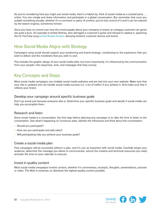 As you’re considering how you might use social media, here’s a helpful tip: think of social media as a cocktail party . . .
online. You can mingle and share information and participate in a global conversation. But remember that once you
publish something socially, whether it’s a comment or piece of content, you’ve lost control of it and it can be indexed
by the search engines, sometimes forever.

Since you have no control over how the crowd speaks about your company or brand, an unhappy customer can gener-
ate quite a buzz. An example is United Airlines, who damaged a customer’s guitar and refused to replace it, spawning
the hit YouTube song United Breaks Guitars, decrying United’s customer service and brand.



How Social Media Aligns with Strategy
Campaigns using social should support your positioning and brand strategy, contributing to the experience that you
wish to deliver and the mindshare that you wish to own.

This includes the graphic design of your social media sites, but more importantly, it’s influenced by the communication
from your people—the responses, tone, and messages that they convey.



Key Concepts and Steps
Most social media campaigns use multiple social media websites and are tied into your own website. Make sure that
your site is updated and can handle social media success (i.e. a lot of traffic) if you achieve it. And make sure that it
reflects your brand.


Develop your campaign around specific business goals
Don’t go social just because everyone else is. Determine your specific business goals and decide if social media can
help you accomplish them.


Research and listen
Since social media is a conversation, the first step before planning any campaign is to take the time to listen to the
conversation. See what’s happening on numerous sites, identify the influencers and think about the conversation:

›› Should you participate?
›› How can you participate and add value?
›› Will participating help you achieve your business goals?

Create a social media plan
Few campaigns will be successful without a plan, and it’s just as important with social media. Carefully target your
audience, determine the message you desire to communicate, secure the creative and technical resources you need,
and plan the time on your calendar to execute.


Invest in quality content
Most social media campaigns involve content, whether it’s commentary, excerpts, thoughts, presentations, pictures
or video. The Web is cluttered, so distribute the highest-quality content possible.




82   Copyright Moderandi Inc. 2013                                                  Share
                                                                                    this ebook:
 