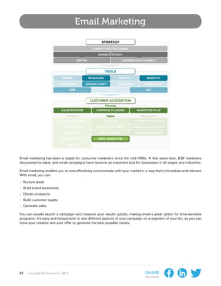 Email Marketing




Email marketing has been a staple for consumer marketers since the mid-1990s. A few years later, B2B marketers
discovered its value, and email campaigns have become an important tool for businesses in all stages and industries.

Email marketing enables you to cost-effectively communicate with your market in a way that’s immediate and relevant.
With email, you can:

›› Nurture leads
›› Build brand awareness
›› Obtain prospects
›› Build customer loyalty
›› Generate sales
You can usually launch a campaign and measure your results quickly, making email a great option for time-sensitive
programs. It’s easy and inexpensive to test different aspects of your campaign on a segment of your list, so you can
hone your creative and your offer to generate the best possible results.




84   Copyright Moderandi Inc. 2013                                              Share
                                                                                this ebook:
 