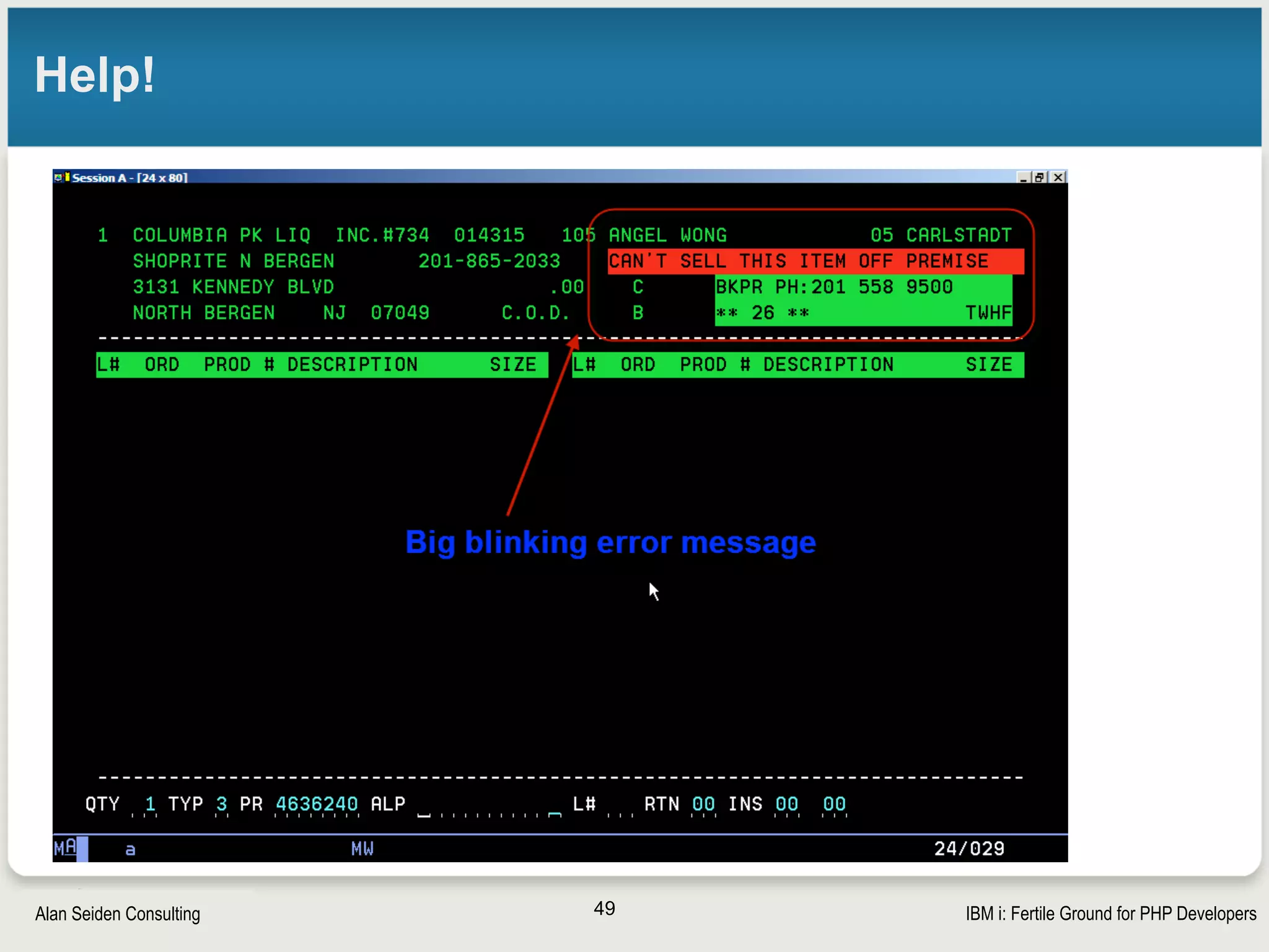Strategic Modernization with PHP on IBM iSeiden Group
What Allied wanted in web-based order entry
• Good for sales reps and customers
§ Keep speed while making it easier for newcomers
§ Reps can copy from past orders
§ Lots of information at fingertips (fewer clicks) 
• Users can save drafts of orders
§ Drafts are brand-new functionality
§ We use the old RPG logic, but we’re not tied to it
• No problem if temporarily disconnected
§ Stateless web connection can easily resume later 
• Overcome 90-item limit
§ So we didn’t have to treat that as an error
§ Internally we split order into 90-item bunches and sent multiple orders to RPG
49
 