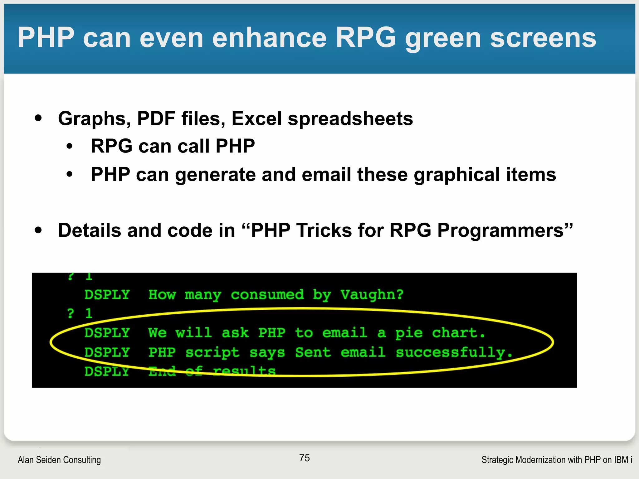 Strategic Modernization with PHP on IBM iSeiden Group
E-mail pie chart from RPG
75
 