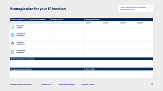 Gartner for IT Follow Us on LinkedIn Become a Client
Strategic Planning Essentials
Business Objectives
Business Objectives Business/IT Capabilities
Business/IT Capabilities Strategic Actions
Strategic Actions Strategic Roadmap
Strategic Roadmap
Profitable
growth
3Q20## 4Q20## 1Q20## 2Q20##
Operational
excellence
Customer
experience
Compliance
excellence
Enabling Changes and Initiatives
V
Key Dependencies and Risks Metrics/KPIs
Strategic plan for your IT function
12
Type in the fields below to complete
the interactive form.
 