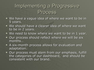 Implementing a Progressive Process We have a vague idea of where we want to be in 5 years. We should have a clearer idea of where we want to be in 2 years. We need to know where we want to be in 1 year. Our process should reflect where we will be six months… A six-month process allows for evaluation and adaptation. Our process must stem from our emphasis, fulfill the categories of our dashboard,  and should be consistent with our brand. 