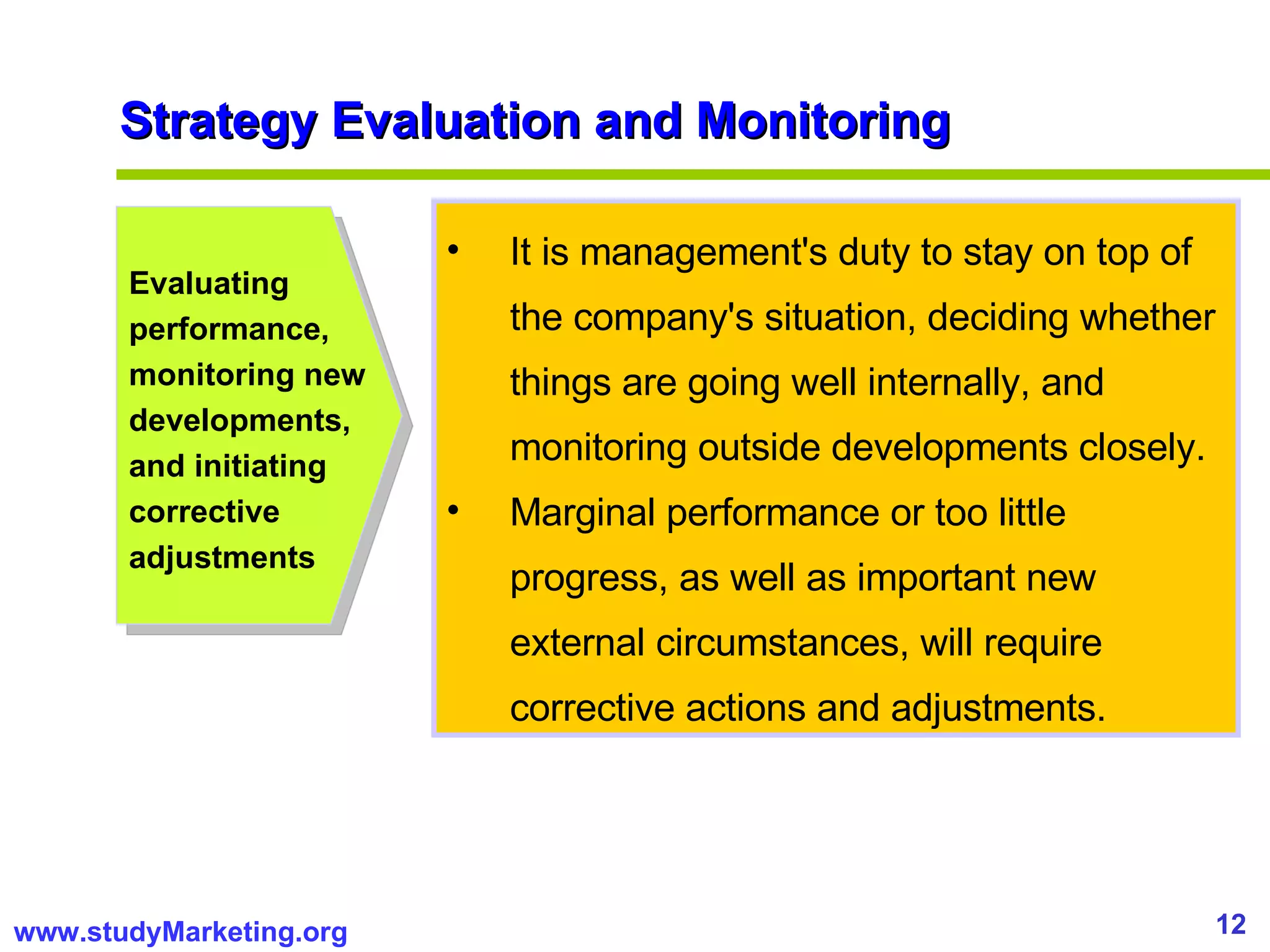 Strategy Evaluation and Monitoring It is management's duty to stay on top of the company's situation, deciding whether things are going well internally, and monitoring outside developments closely.  Marginal performance or too little progress, as well as important new external circumstances, will require corrective actions and adjustments. Evaluating performance, monitoring new developments, and initiating corrective adjustments 