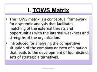 I. TOWS Matrix
• The TOWS matrix is a conceptual framework
for a systemic analysis that facilitates
matching of the external threats and
opportunities with the internal weakness and
strengths of the organization.
• Introduced for analyzing the competitive
situation of the company or even of a nation
that leads to the development of four distinct
sets of strategic alternatives.
Dr. Subhodip Mitra
 