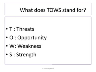 What does TOWS stand for?
• T : Threats
• O : Opportunity
• W: Weakness
• S : Strength
Dr. Subhodip Mitra
 