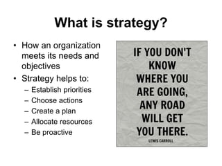 What is strategy?
• How an organization
meets its needs and
objectives
• Strategy helps to:
– Establish priorities
– Choose actions
– Create a plan
– Allocate resources
– Be proactive
 