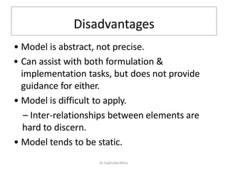 Disadvantages
• Model is abstract, not precise.
• Can assist with both formulation &
implementation tasks, but does not provide
guidance for either.
• Model is difficult to apply.
– Inter-relationships between elements are
hard to discern.
• Model tends to be static.
Dr. Subhodip Mitra
 