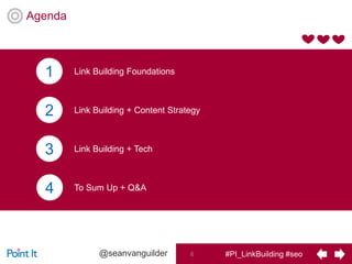 #PI_LinkBuilding #seo6@seanvanguilder
Agenda
1
2
3
4
Link Building Foundations
Link Building + Content Strategy
Link Building + Tech
To Sum Up + Q&A
 