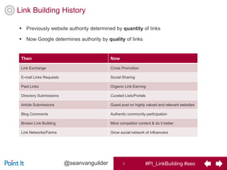#PI_LinkBuilding #seo8@seanvanguilder
Link Building History
Then Now
Link Exchange Cross Promotion
E-mail Links Requests Social Sharing
Paid Links Organic Link Earning
Directory Submissions Curated Lists/Portals
Article Submissions Guest post on highly valued and relevant websites
Blog Comments Authentic community participation
Broken Link Building Mine competitor content & do it better
Link Networks/Farms Grow social network of influencers
 Previously website authority determined by quantity of links
 Now Google determines authority by quality of links
 